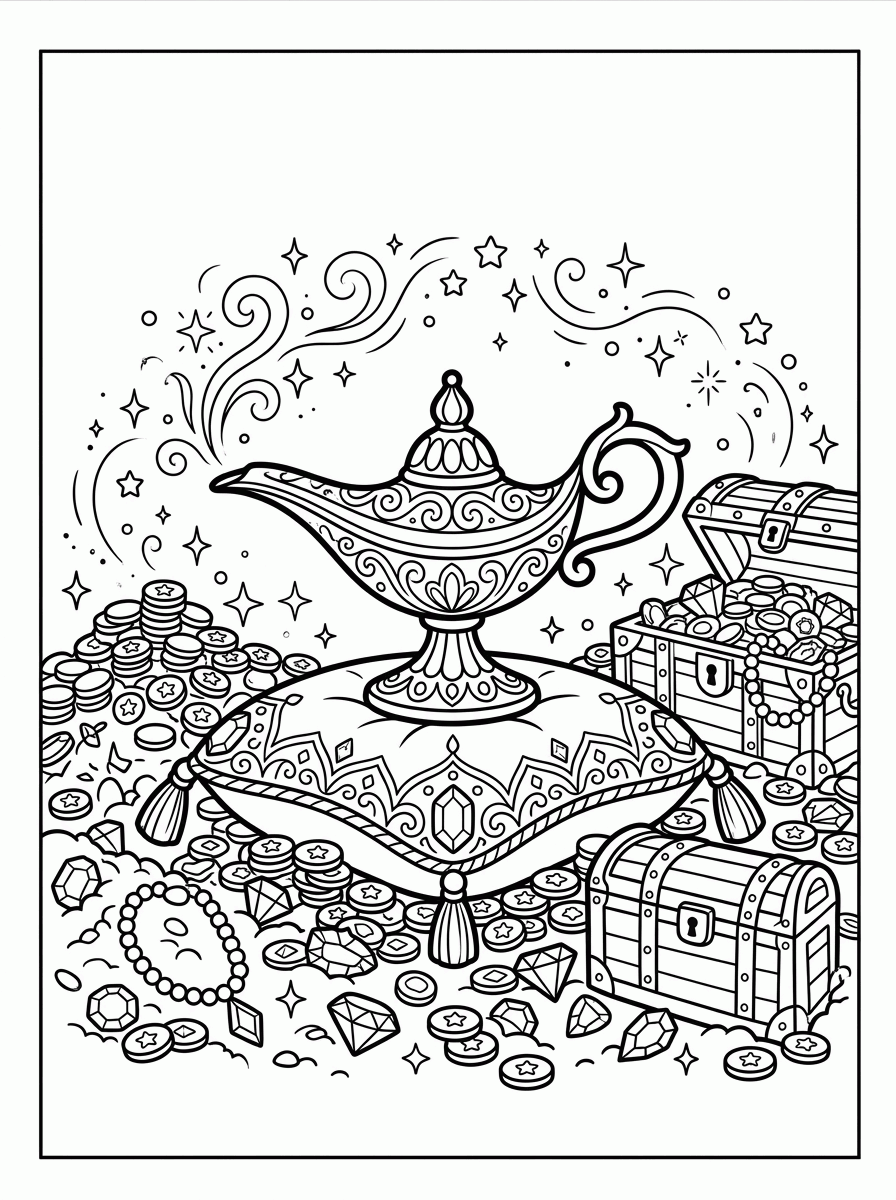 Lâmpada Mágica e Tesouro para colorir