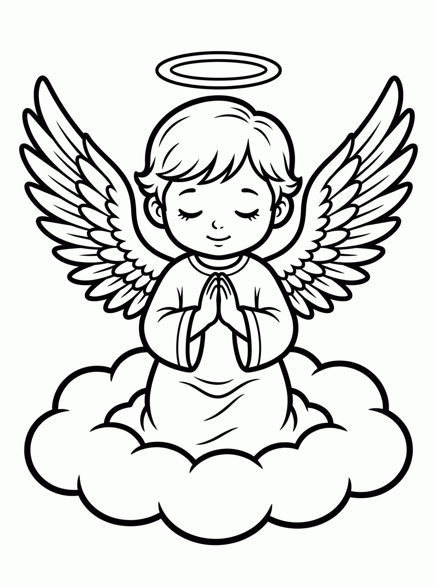 Anjo Rezando na Nuvem para colorir