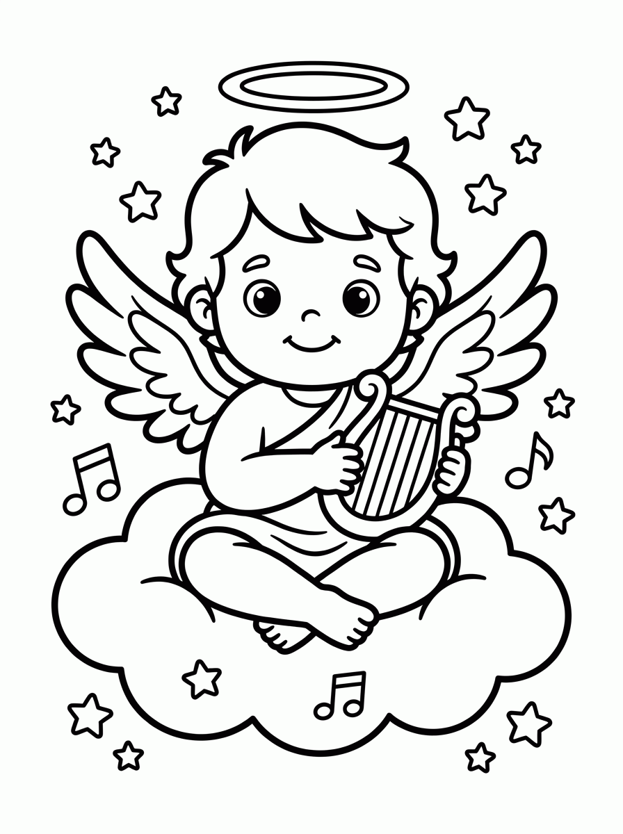 Anjo Tocando Harpa para colorir