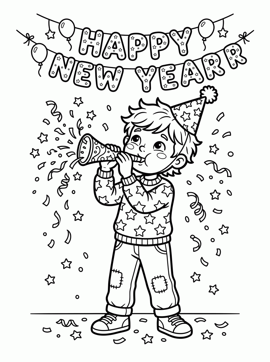 Criança Festejando o Ano Novo para colorir