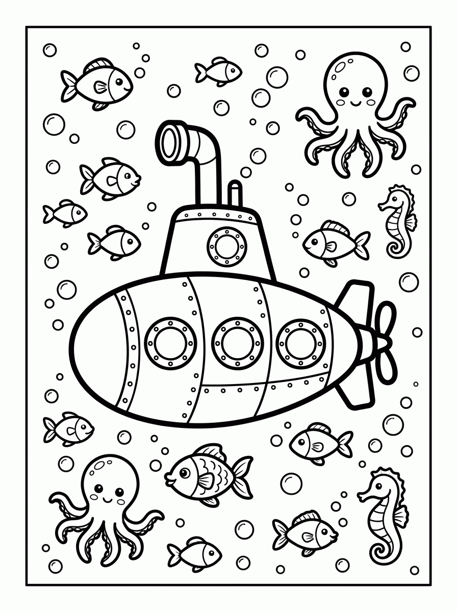Submarino no Fundo do Mar para colorir