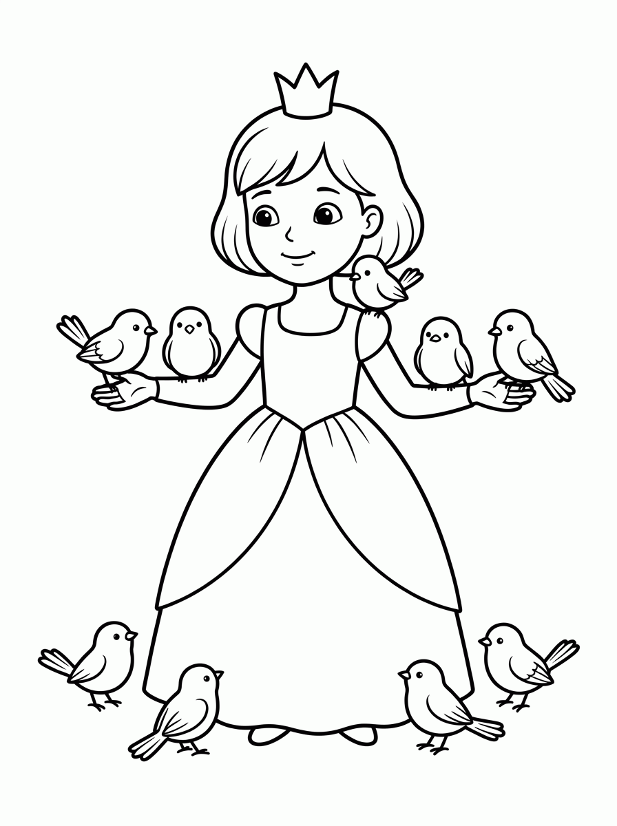 Princesa e os Pássaros para colorir