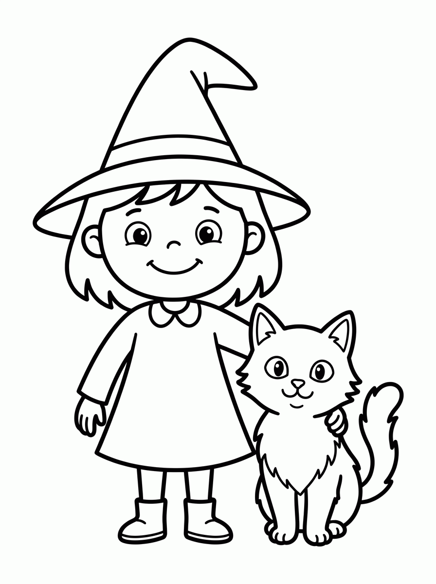 Bruxa com Gato Preto para colorir