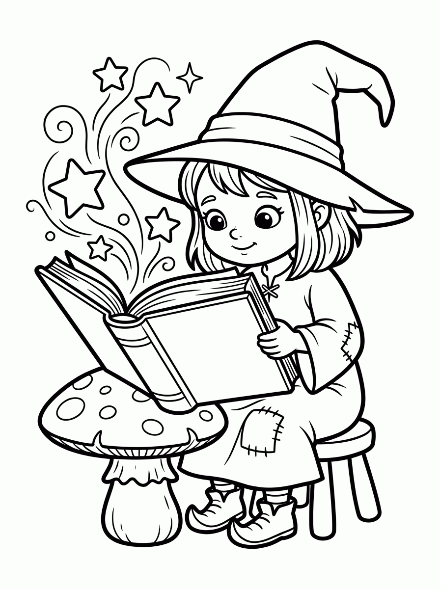 Bruxa com Livro Mágico para colorir