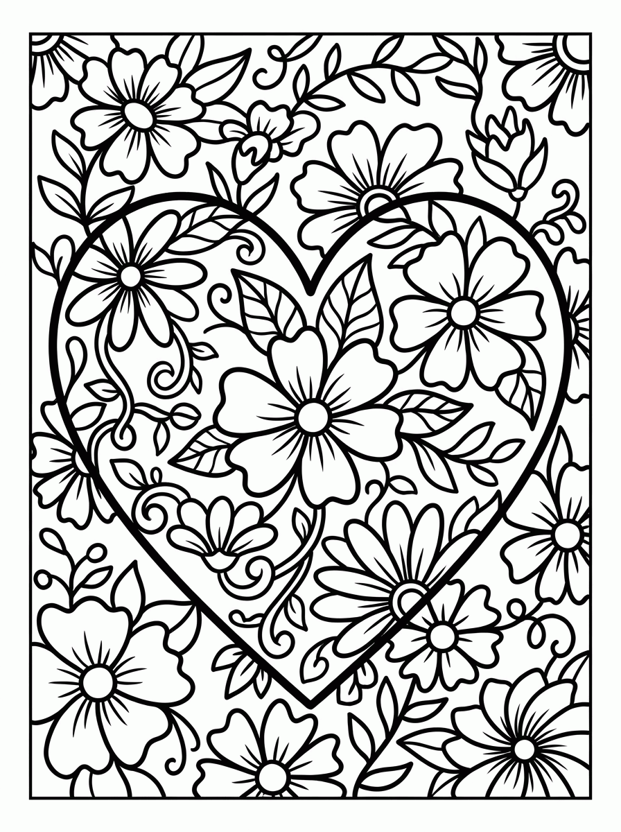 Coração com Flores para colorir