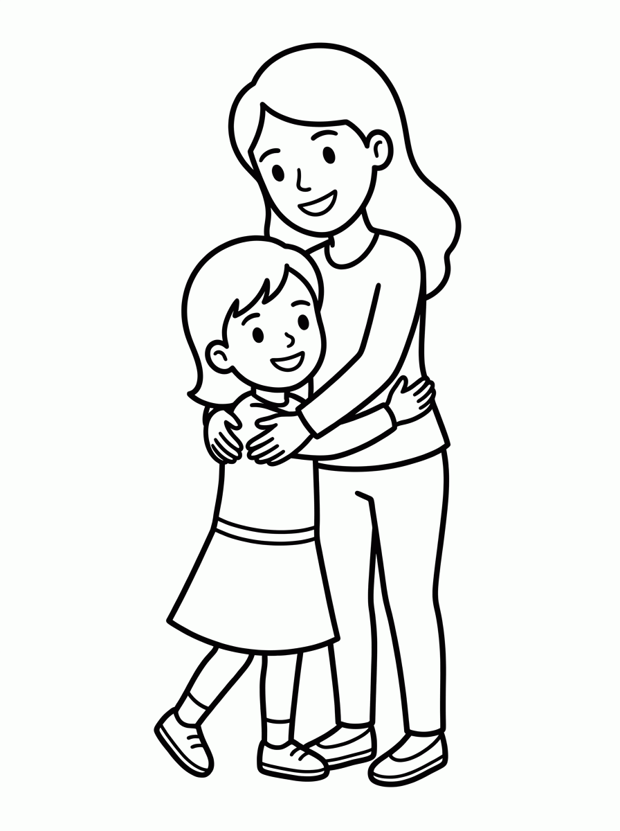 Mãe e Filha Abraçadas para colorir
