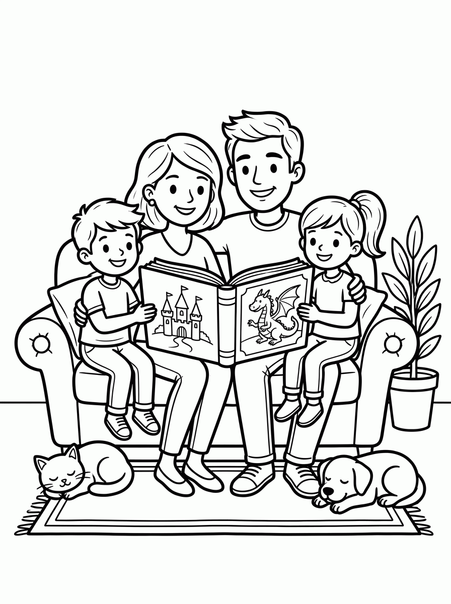 Família Lendo Juntos para colorir