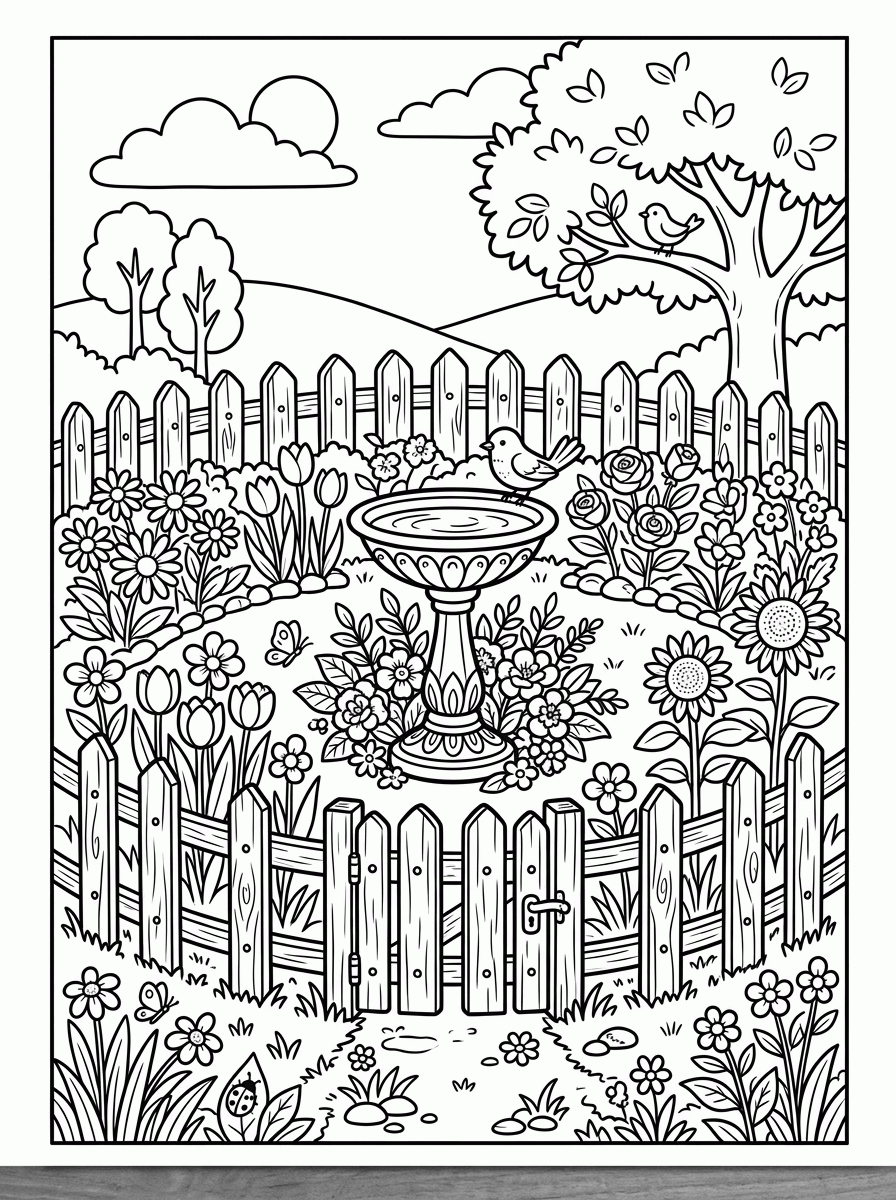 Jardim com Banho de Pássaros para colorir