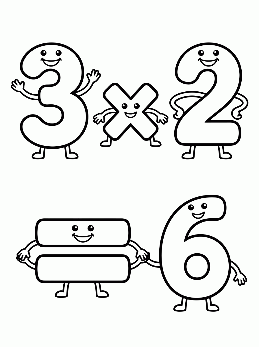 Multiplicação 3 × 2 = 6 para colorir