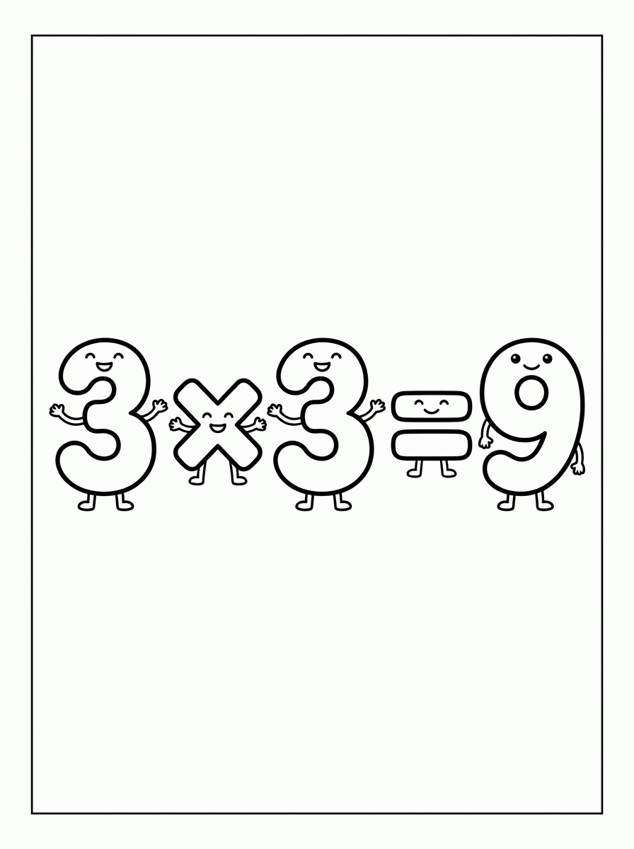 Multiplicação 3 × 3 = 9 para colorir