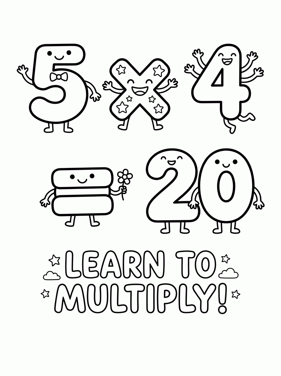 Multiplicação 5 × 4 = 20 para colorir