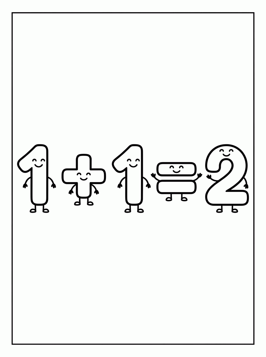 Soma 1 + 1 = 2 para colorir