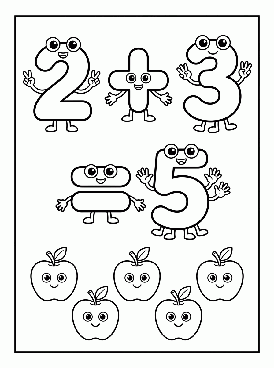 Soma 2 + 3 = 5 para colorir