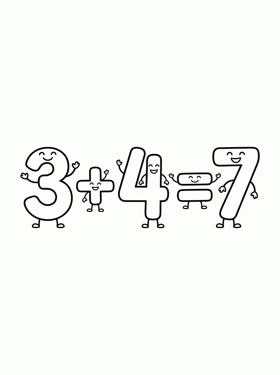 Soma 3 + 4 = 7 para colorir