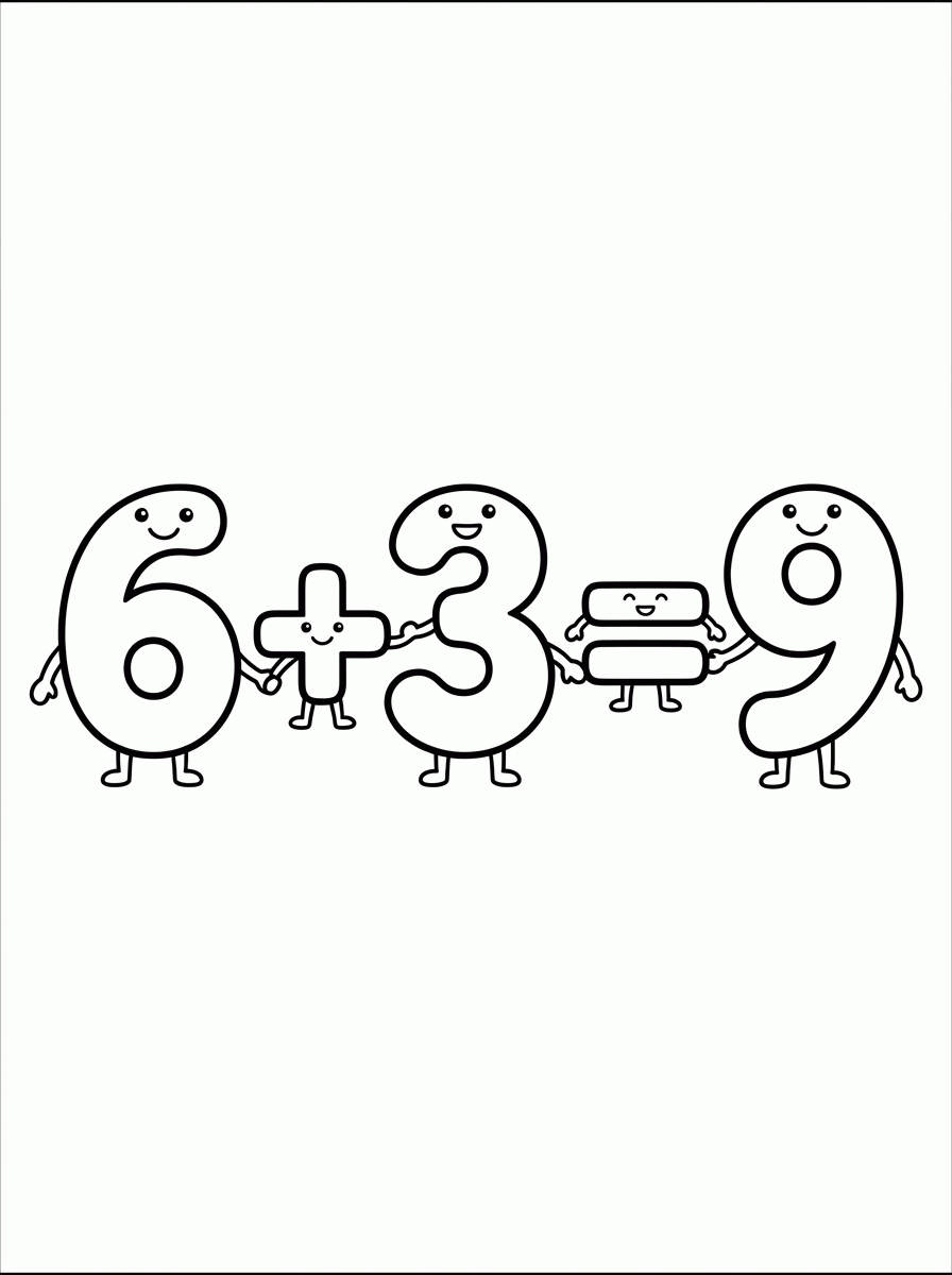 Soma 6 + 3 = 9 para colorir
