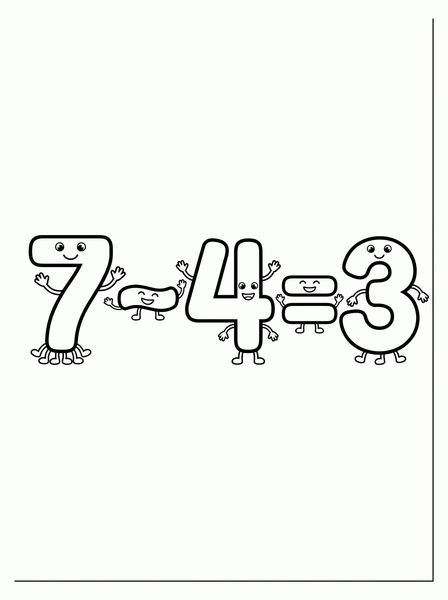 Subtração 7 - 4 = 3 para colorir