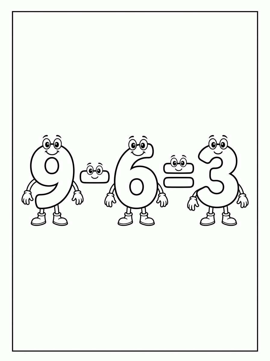 Subtração 9 - 6 = 3 para colorir