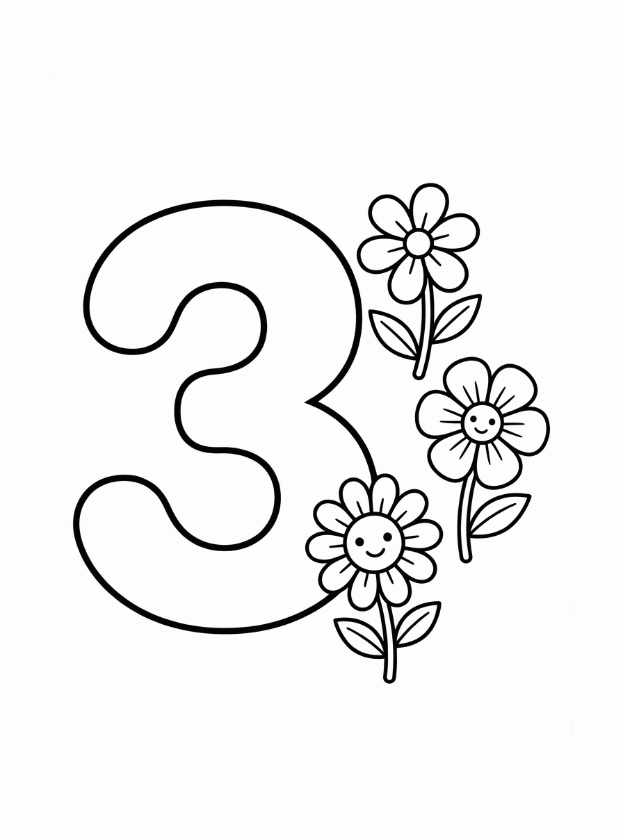 Número 3 com Flores para colorir
