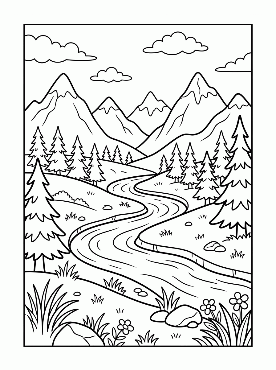 Montanhas e Rio para colorir