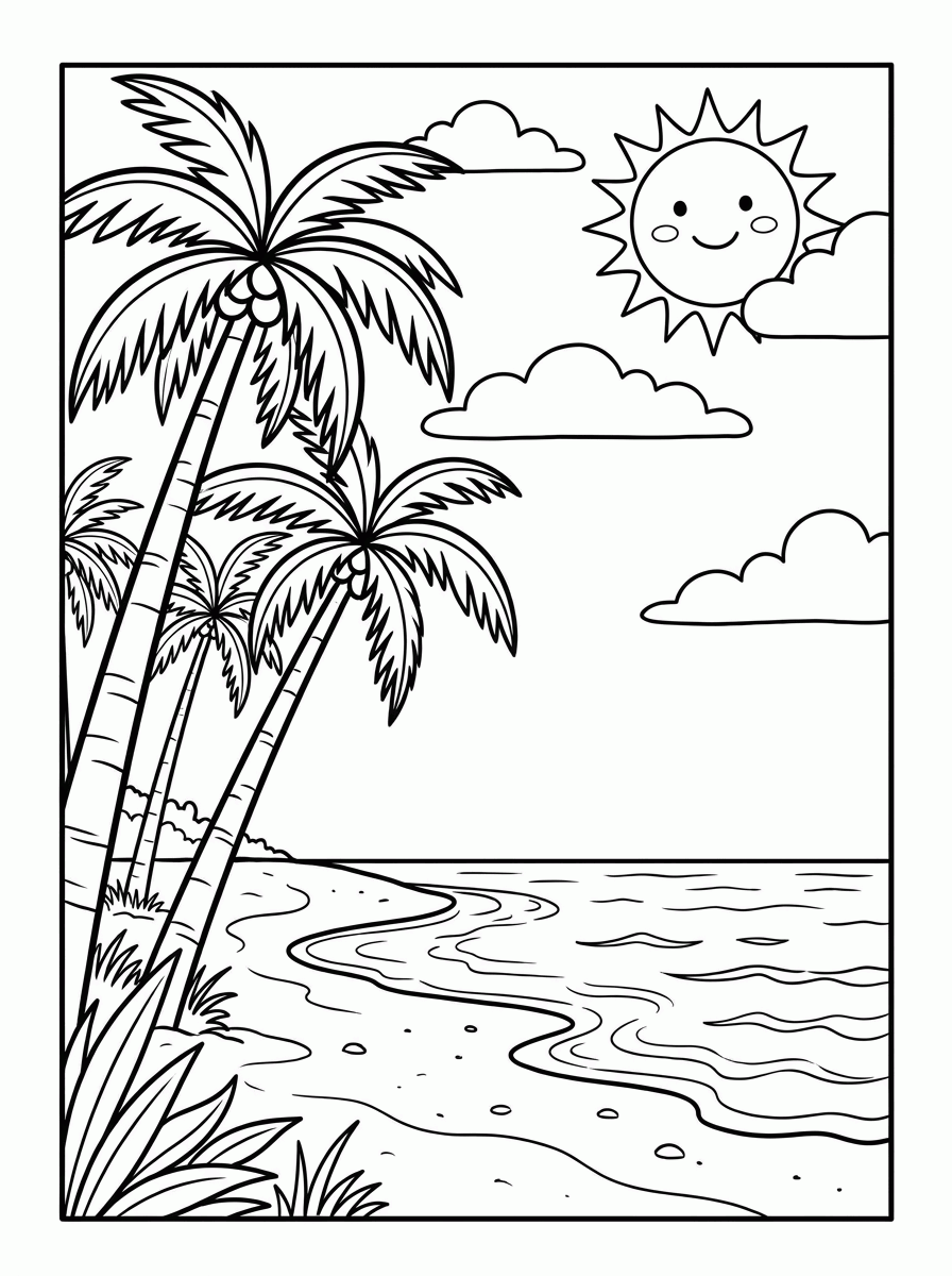 Praia com Coqueiros para colorir