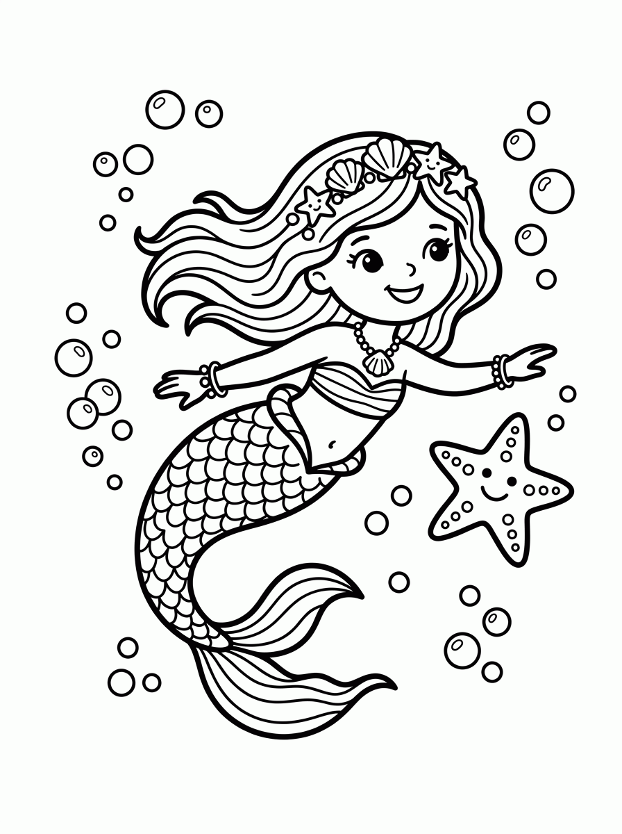 Sereia com Estrela-do-Mar para colorir
