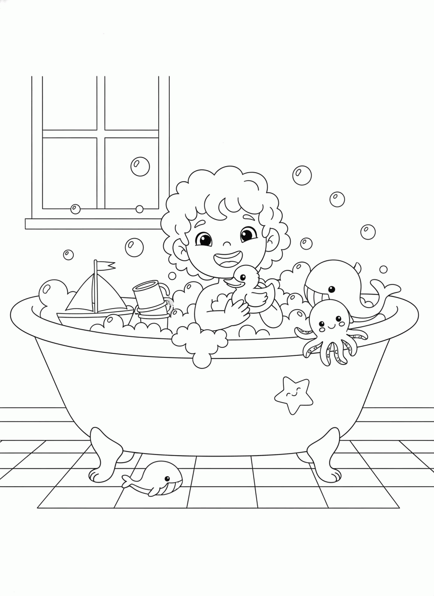 banheira com uma menina tomando banho e vários brinquedos juntos