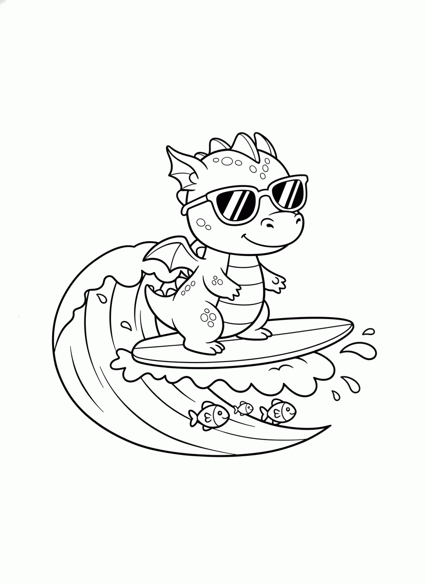 Dragão fofo surfando
