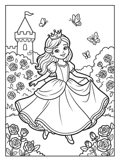 Desenho de Princesa no Jardim de Rosas para colorir