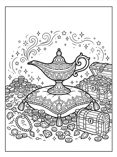 Desenho de Lâmpada Mágica e Tesouro para colorir