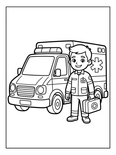 Desenho de Ambulância e Paramédico para colorir