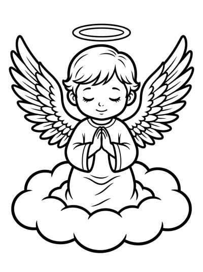 Desenho de Anjo Rezando na Nuvem para colorir