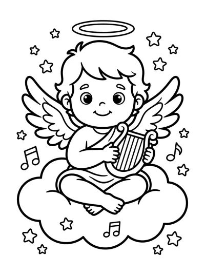 Desenho de Anjo Tocando Harpa para colorir