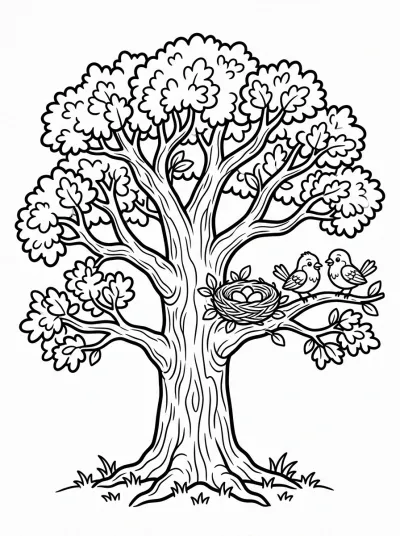 Desenho de Carvalho com Ninho de Pássaros para colorir