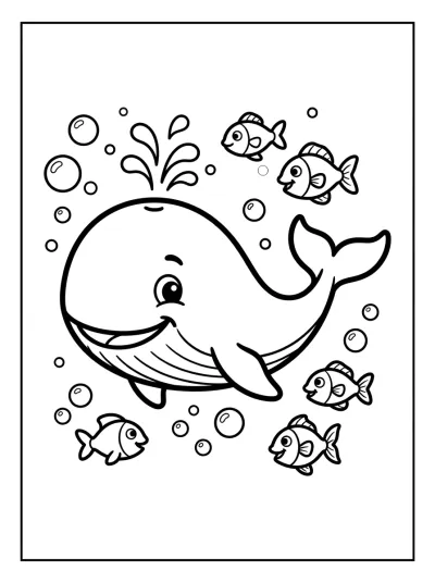 Desenho de Baleia com Peixinhos para colorir