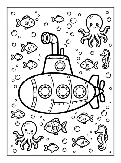 Desenho de Submarino no Fundo do Mar para colorir
