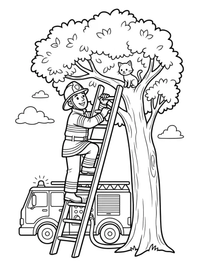Desenho de Bombeiro Resgatando o Gato para colorir