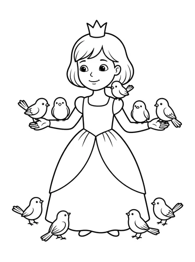 Desenho de Princesa e os Pássaros para colorir
