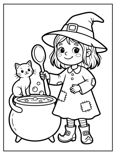 Desenho de Bruxa com Caldeirão para colorir