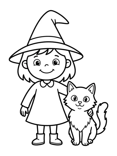 Desenho de Bruxa com Gato Preto para colorir