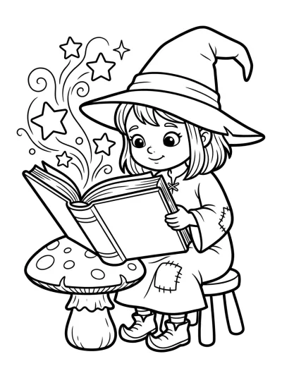 Desenho de Bruxa com Livro Mágico para colorir