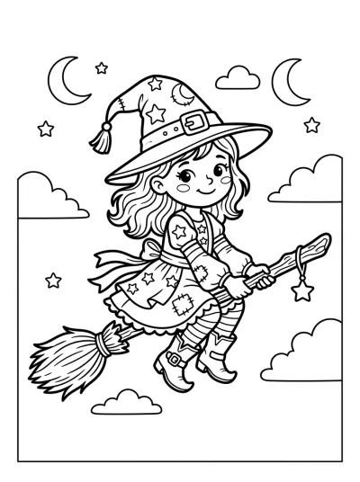 Desenho de Bruxinha na Vassoura para colorir