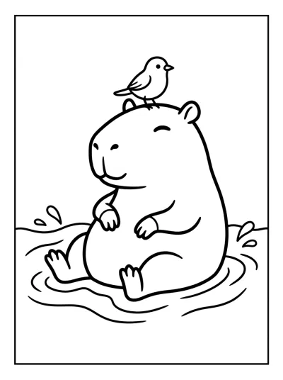 Desenho de Capivara com Passarinho para colorir