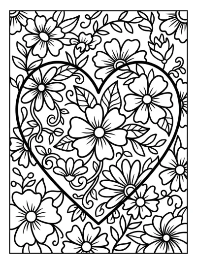 Desenho de Coração com Flores para colorir