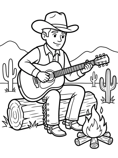 Desenho de Cowboy Tocando Violão para colorir