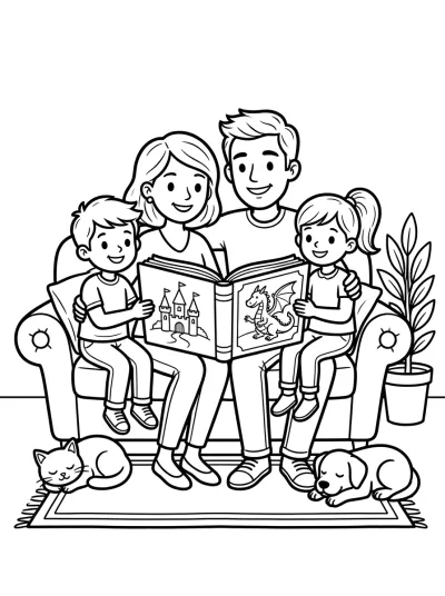 Desenho de Família Lendo Juntos para colorir