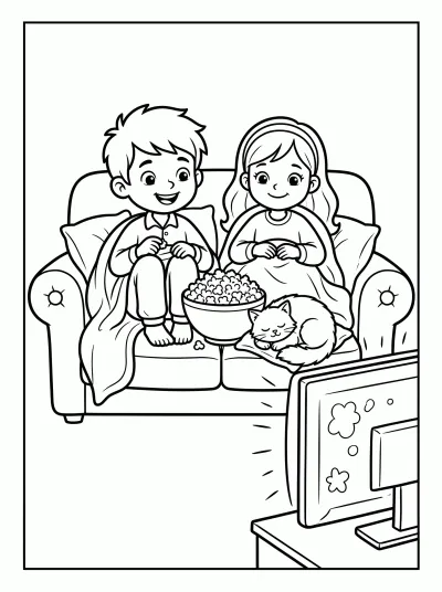 Desenho de Noite do Pijama com Pipoca para colorir