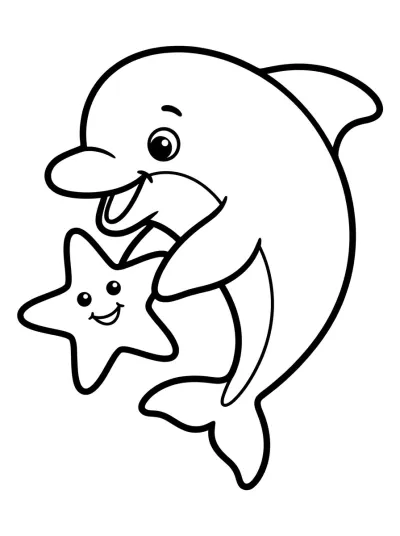 Desenho de Golfinho Bebê com Estrela-do-Mar para colorir