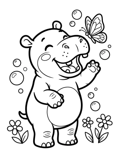 Desenho de Hipopótamo Bebê com Borboleta para colorir