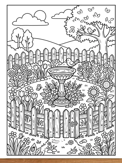 Desenho de Jardim com Banho de Pássaros para colorir