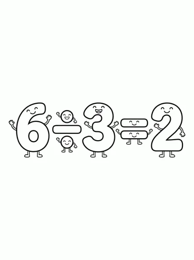 Desenho de Divisão 6 ÷ 3 = 2 para colorir